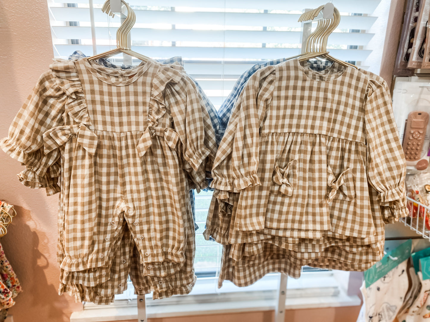 Evelyn Romper – Khaki Gingham Baby Girl Outfit