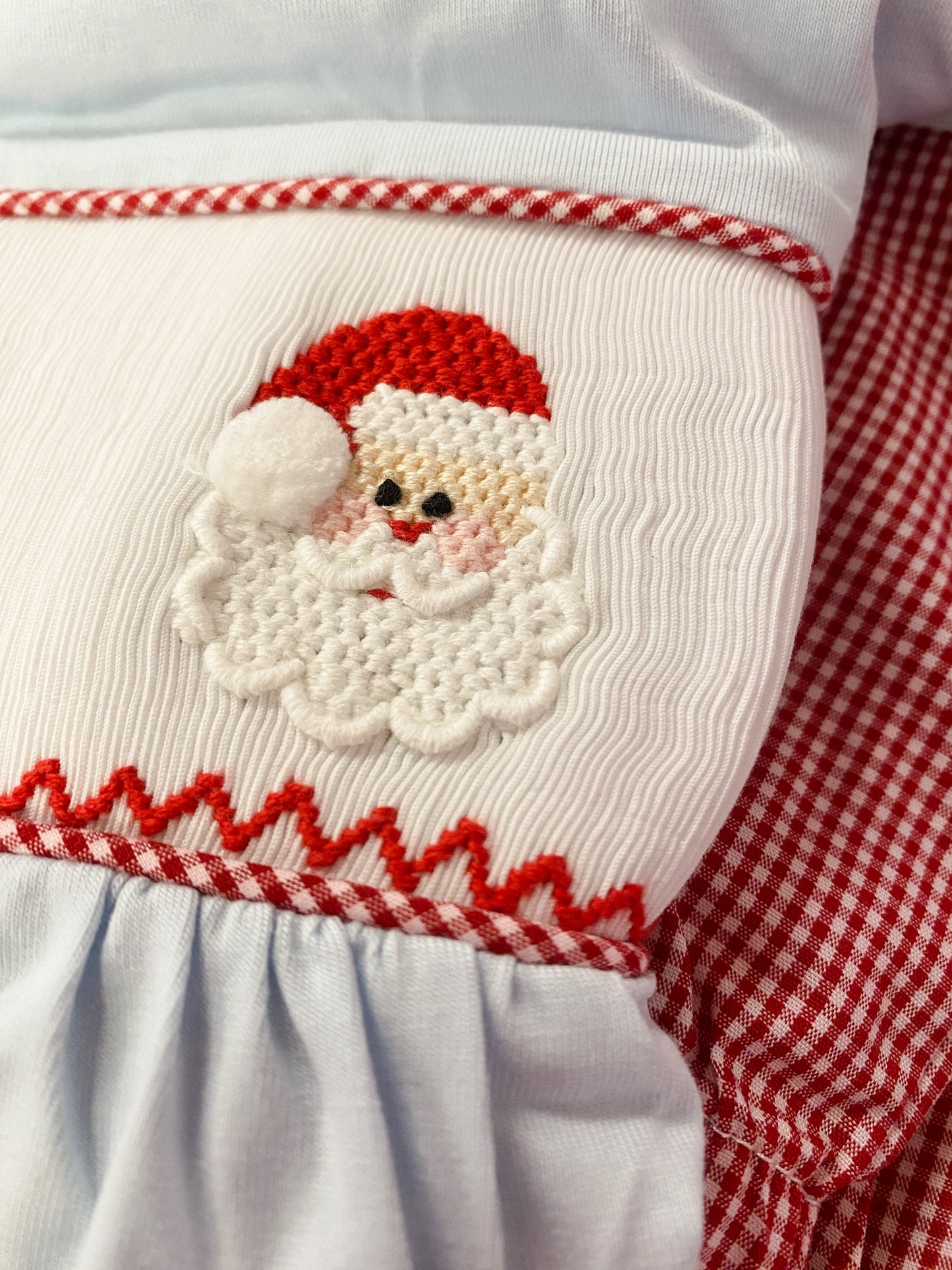 Santa Smocked Ruffle Pant Set – Girls Blue Top & Red Gingham Christmas Outfit