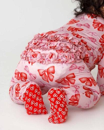 Red & Pink Bow Ruffled Zippered Footie | Bamboo Baby Sleeper