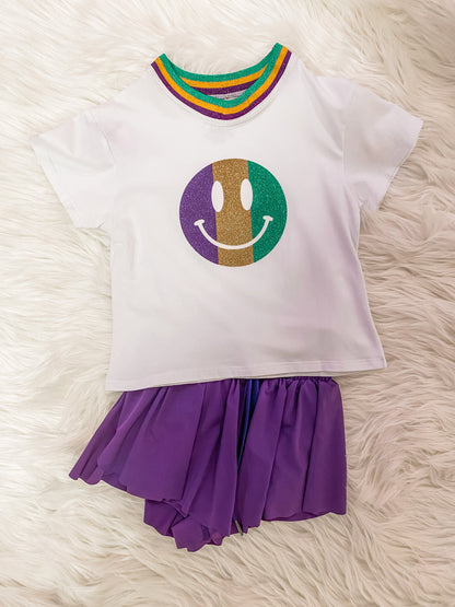 Glitter Smiley White Boxy T Mardi Gras
