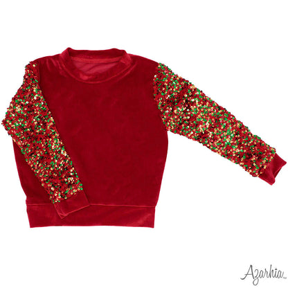 Sequin Sleeve Red Velvet Christmas Sweatshirt for Girls