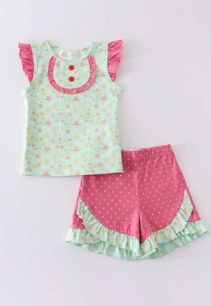 Platinum Star Shorts Set– Ruffle Sleeve Top & Star Print Shorts for Girls