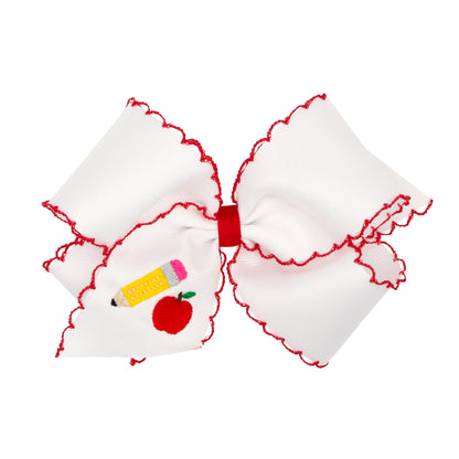 Pencil Embroidery Grosgrain Hair Bow with Red Moonstitch Edge