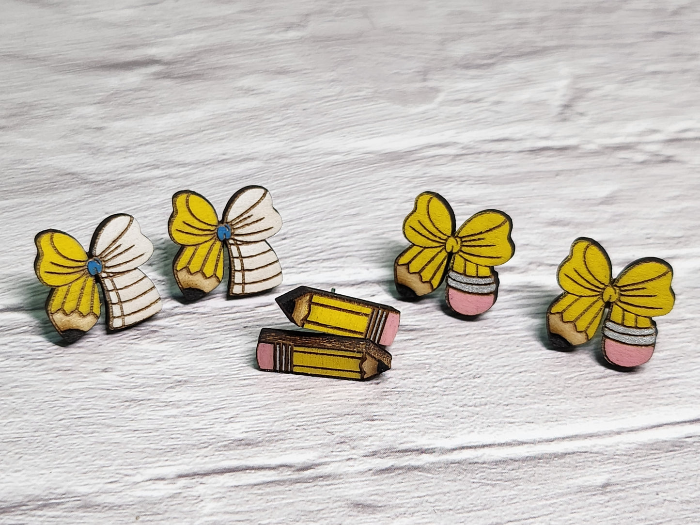 Pencil Bow Stud Earrings – Wooden Laser Cut Teacher Earrings-Rogue Magnolia Custom Designs