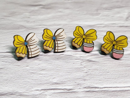 Pencil Bow Stud Earrings – Wooden Laser Cut Teacher Earrings-Rogue Magnolia Custom Designs