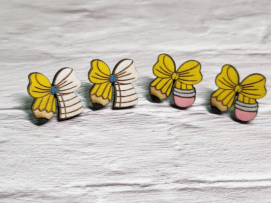Pencil Bow Stud Earrings – Wooden Laser Cut Teacher Earrings-Rogue Magnolia Custom Designs