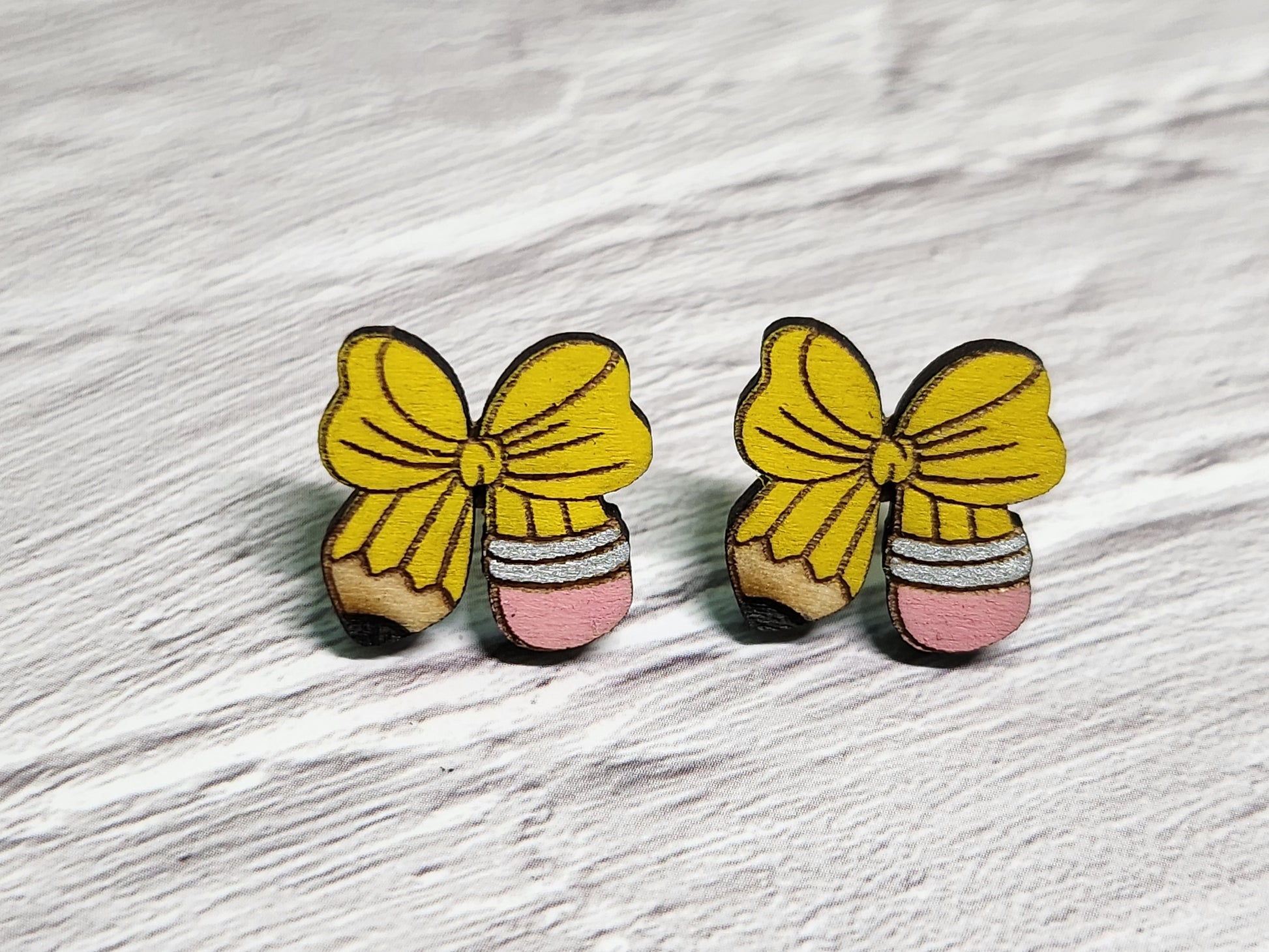 Pencil Bow Stud Earrings – Wooden Laser Cut Teacher Earrings-Rogue Magnolia Custom Designs