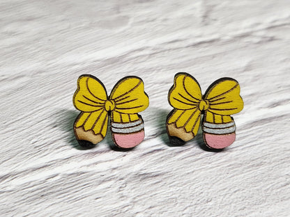 Pencil Bow Stud Earrings – Wooden Laser Cut Teacher Earrings-Rogue Magnolia Custom Designs