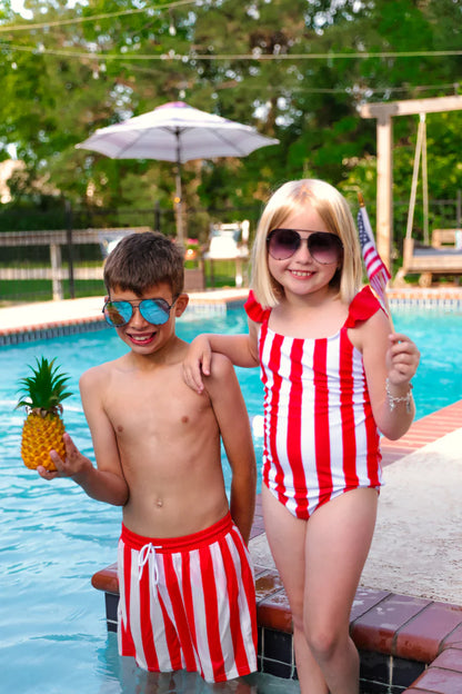 Boys Set Sail Striped Swim Trunks