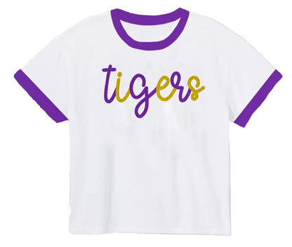 Tigers Tinsel Ringer Tee – Girls Boxy Game Day Top in Purple & Gold