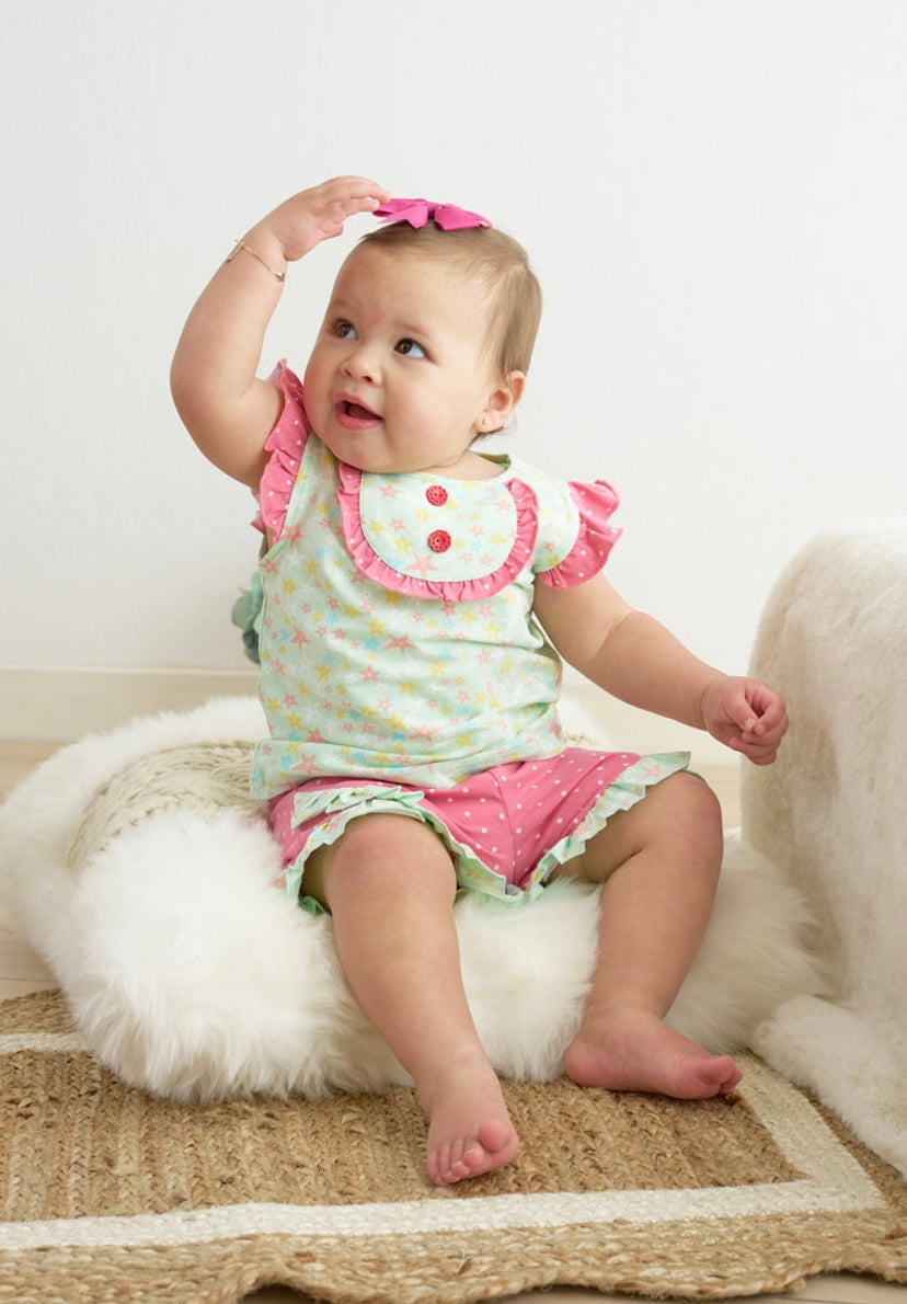 Platinum Star Shorts Set– Ruffle Sleeve Top & Star Print Shorts for Girls