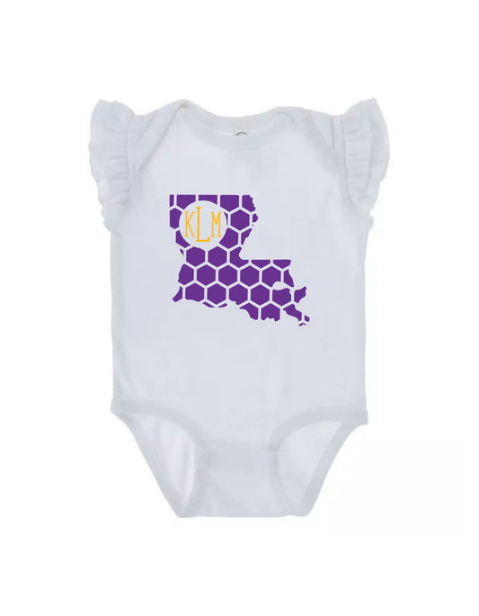 Ruffled Sleeve Louisiana Honeycomb Monogrammed Onesie-Rogue Magnolia Custom Designs