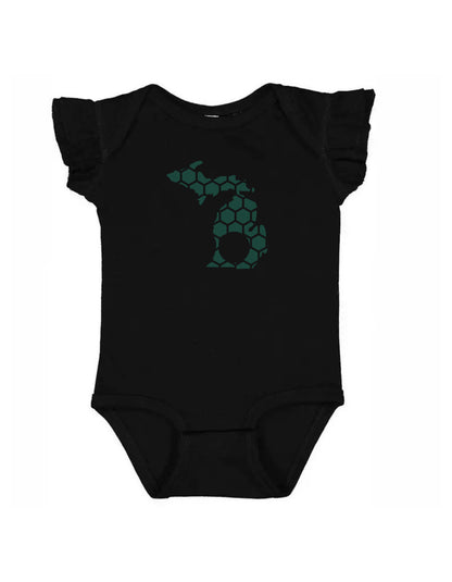 Ruffled Sleeve Michigan Honeycomb Monogrammed Onesie-Rogue Magnolia Custom Designs
