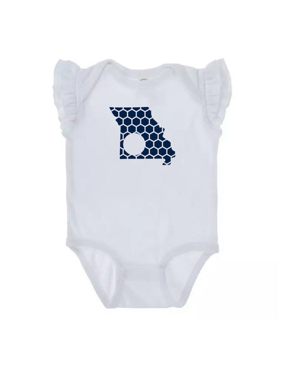 Ruffled Sleeve Missouri Honeycomb Monogrammed Onesie-Rogue Magnolia Custom Designs