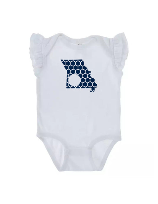 Ruffled Sleeve Missouri Honeycomb Monogrammed Onesie-Rogue Magnolia Custom Designs