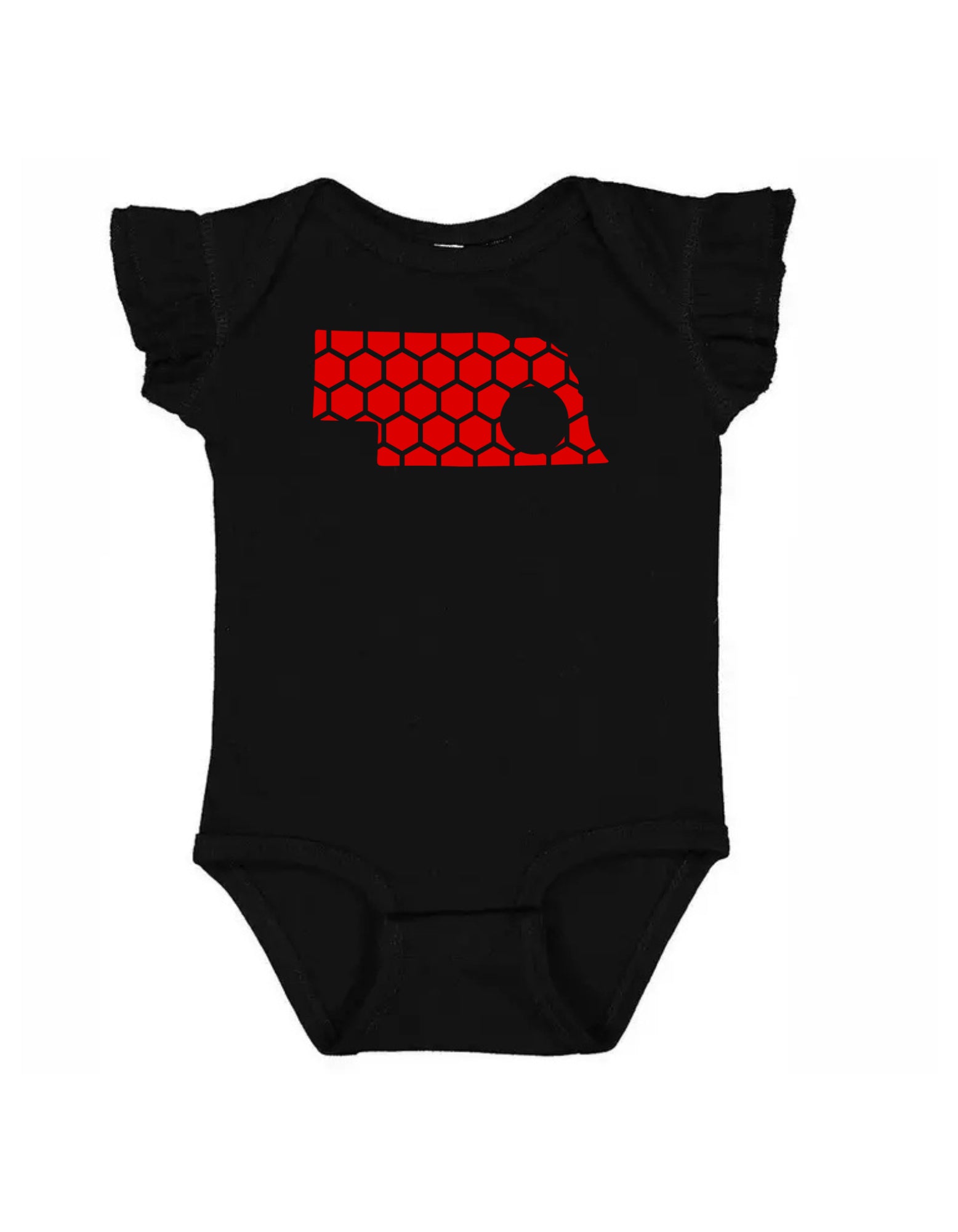 Ruffled Sleeve Nebraska Honeycomb Monogrammed Onesie-Rogue Magnolia Custom Designs