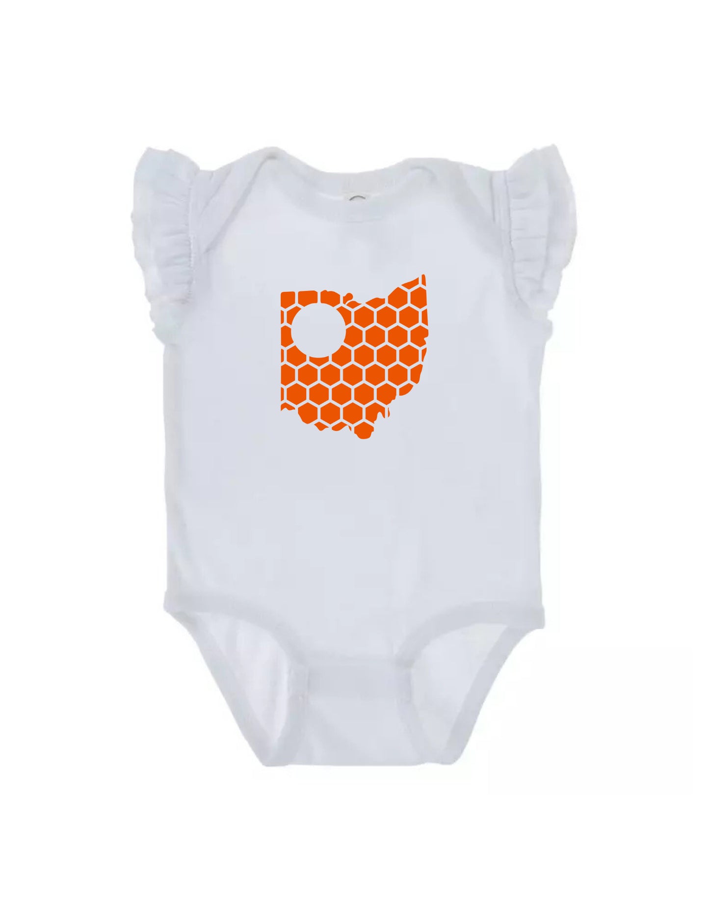 Ruffled Sleeve Ohio Honeycomb Monogrammed Onesie-Rogue Magnolia Custom Designs