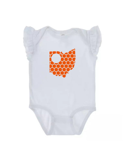 Ruffled Sleeve Ohio Honeycomb Monogrammed Onesie-Rogue Magnolia Custom Designs