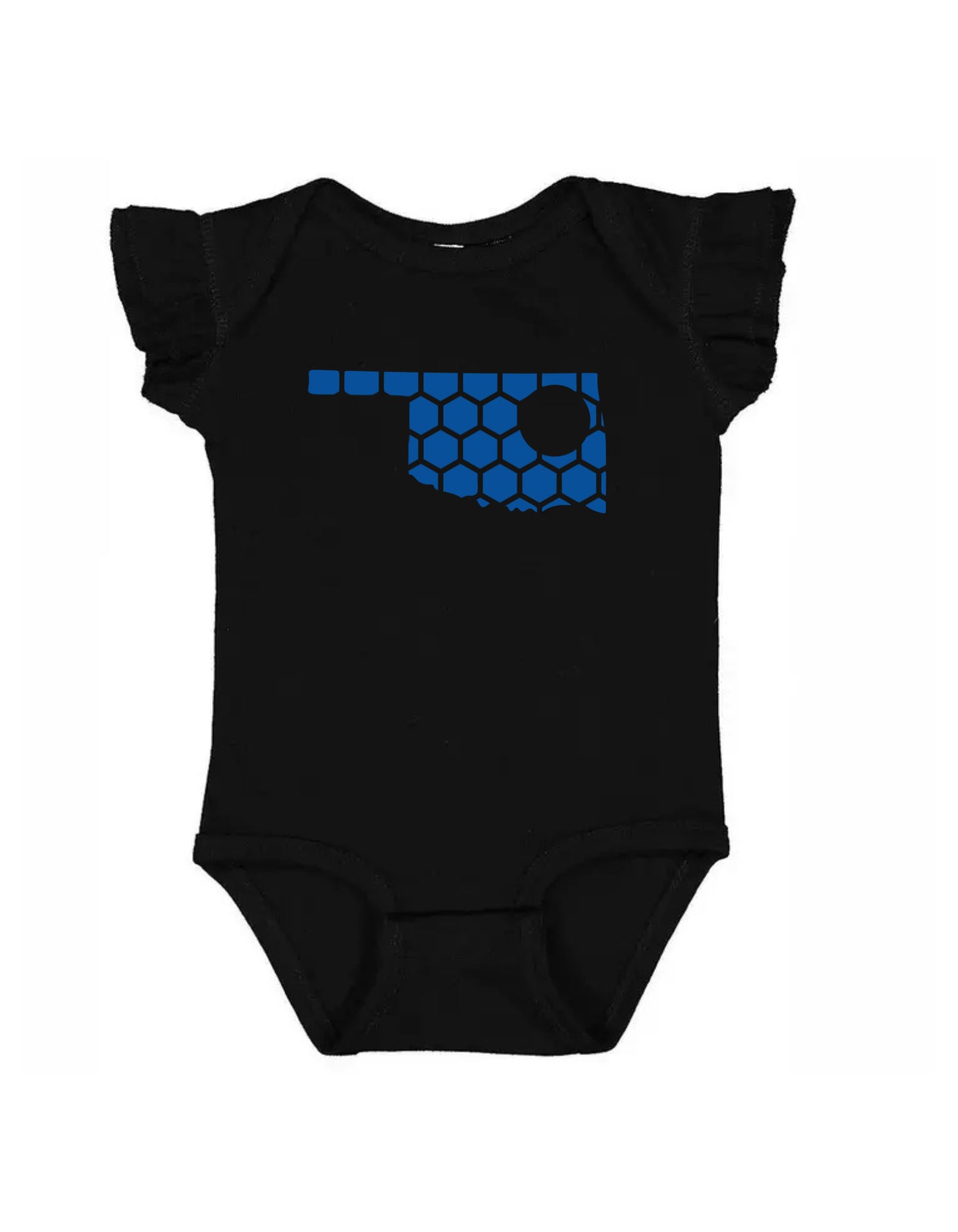 Ruffled Sleeve Oklahoma Honeycomb Monogrammed Onesie-Rogue Magnolia Custom Designs
