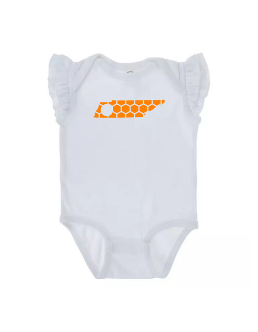 Ruffled Sleeve Tennessee Honeycomb Monogrammed Onesie-Rogue Magnolia Custom Designs