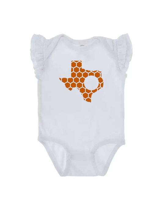 Ruffled Sleeve Texas Honeycomb Monogrammed Onesie-Rogue Magnolia Custom Designs