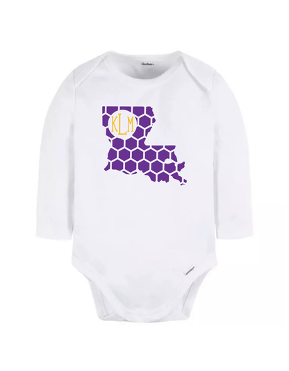 State Honeycomb Monogrammed Gerber Onesie-Rogue Magnolia Custom Designs