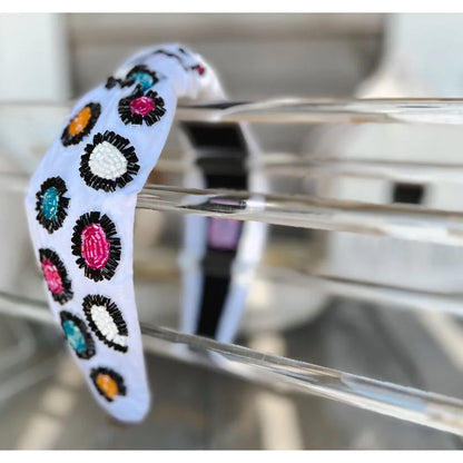 Bright Leopard Top Knot Seed Beaded Headband