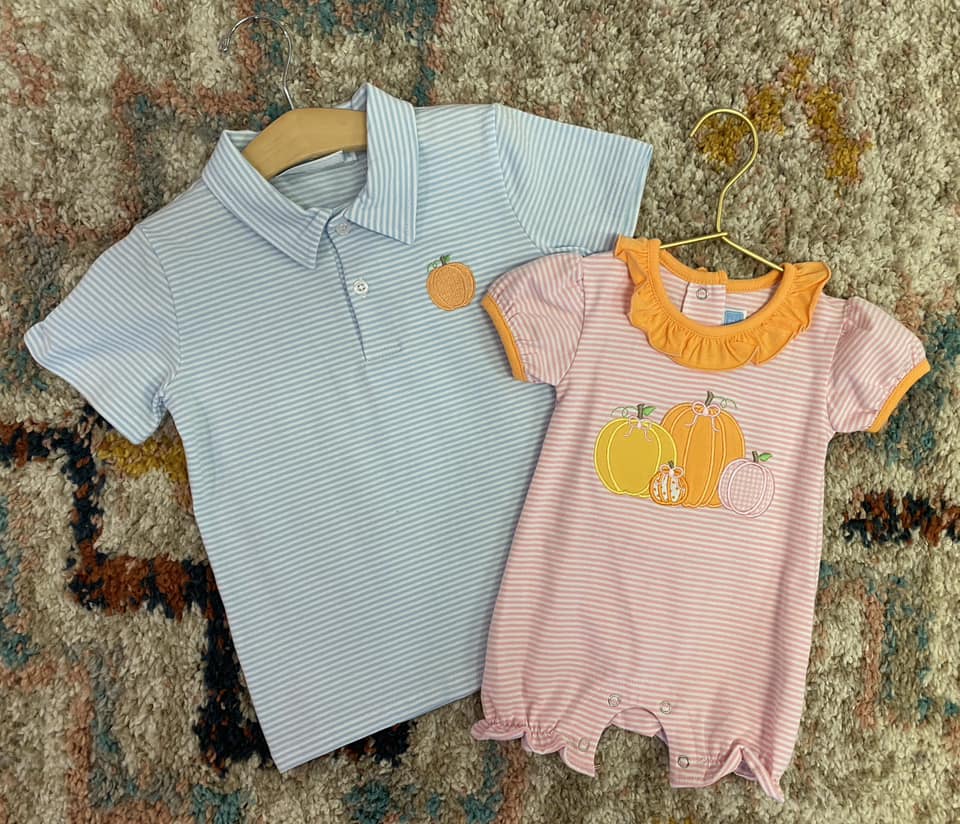 Pumpkin Patch Polo – Classic Striped Boys Polo with Pumpkin Appliqué