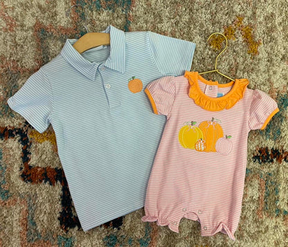 Pumpkin Patch Polo – Classic Striped Boys Polo with Pumpkin Appliqué