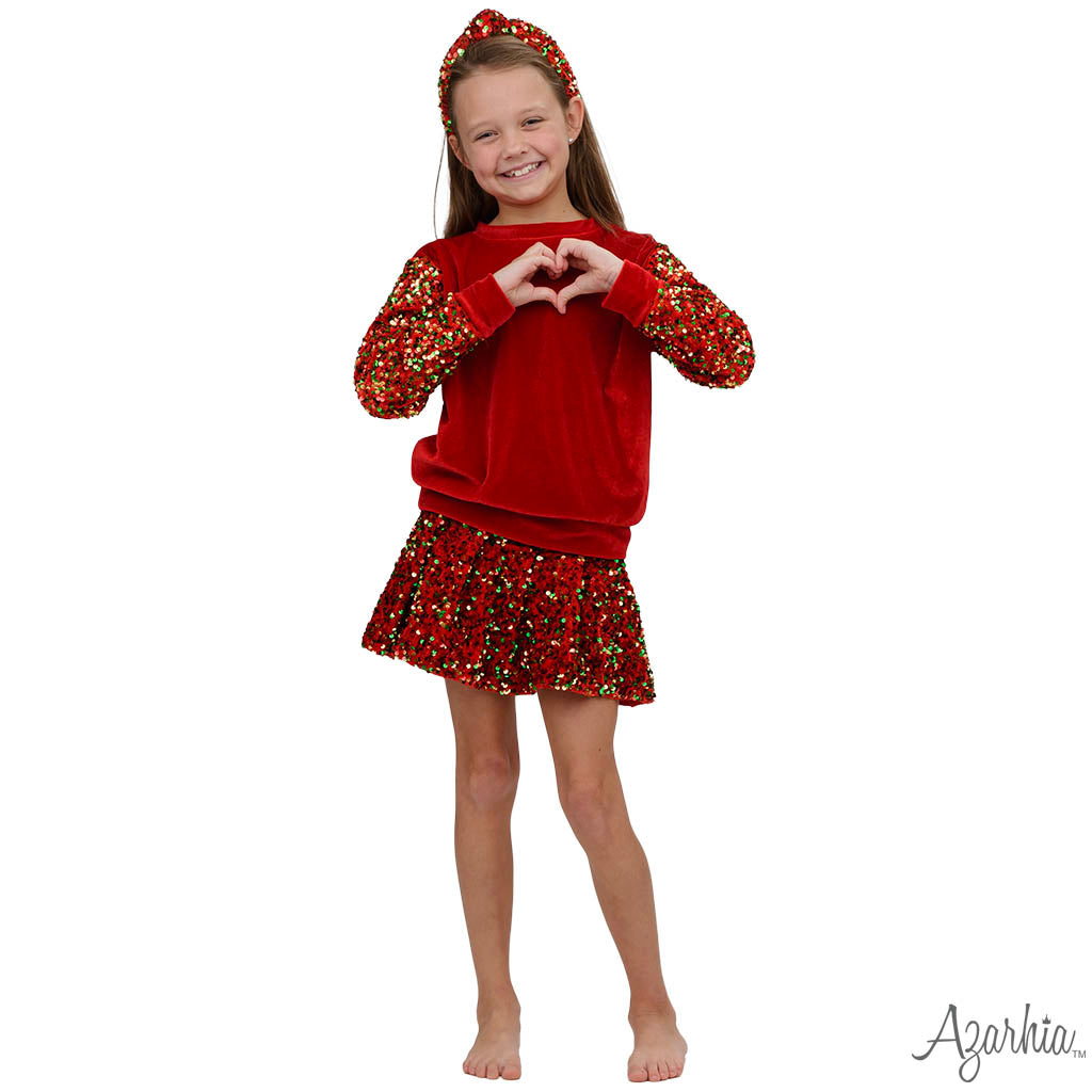 Sequin Sleeve Red Velvet Christmas Sweatshirt for Girls