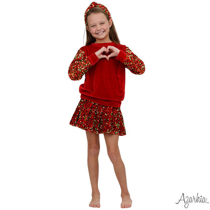Sequin Sleeve Red Velvet Christmas Sweatshirt for Girls
