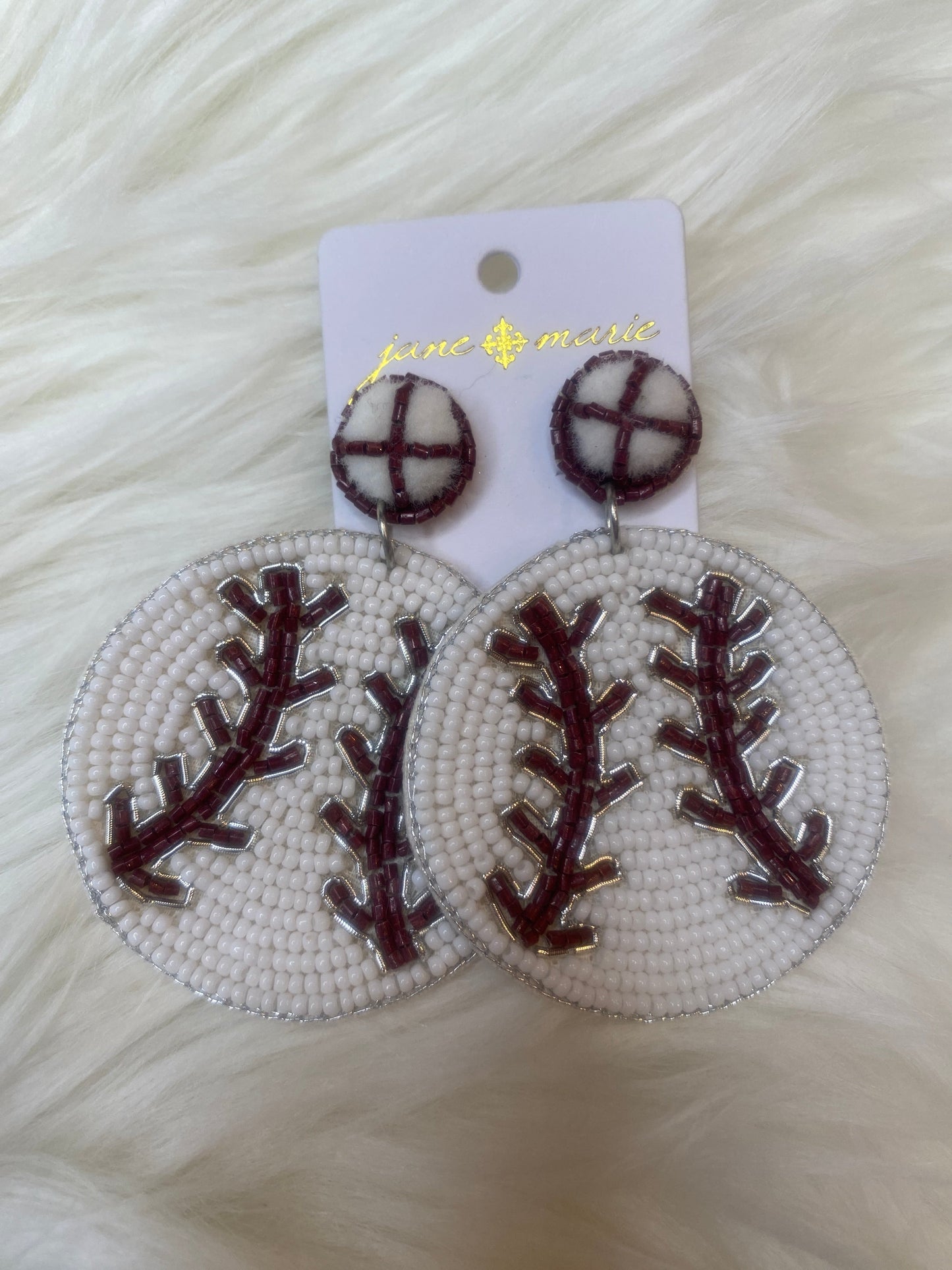 Maroon Beaded Baseball Earrings