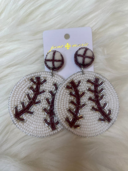 Maroon Beaded Baseball Earrings
