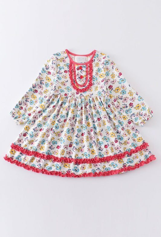 Platinum Floral Print Ruffle Dress – Girls Boutique Outfit