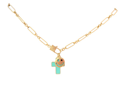 Kids 14" Gold Lobster Claw, Smiley Face and Teal Cross, Gold Hammered Necklace