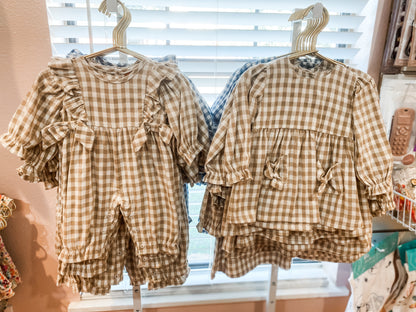 Evelyn Romper – Khaki Gingham Baby Girl Outfit