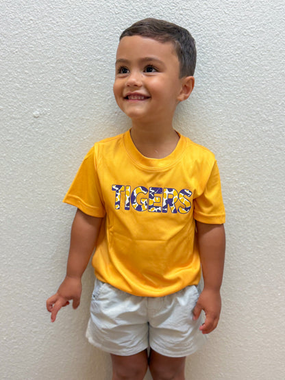 Tigers Camo on Gold Drifit Game Day Tee – Boys’ Athletic T-Shirt