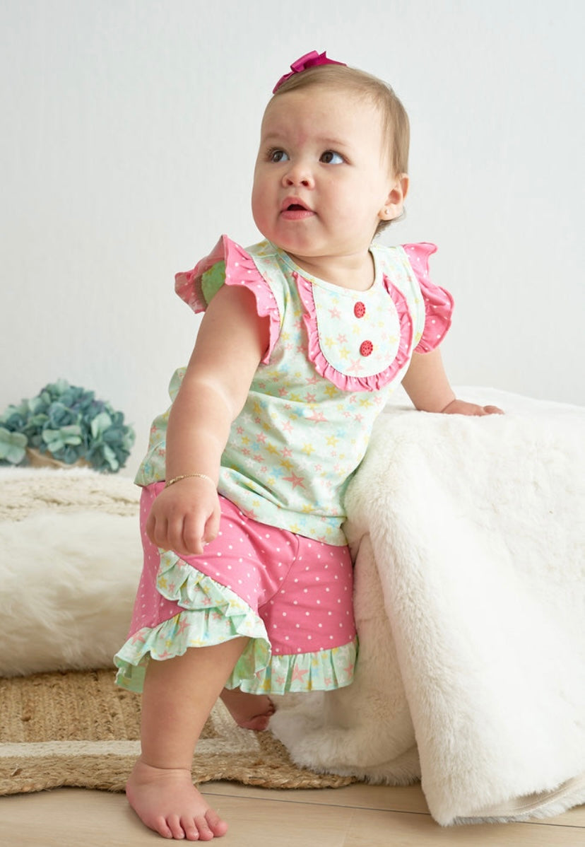 Platinum Star Shorts Set– Ruffle Sleeve Top & Star Print Shorts for Girls