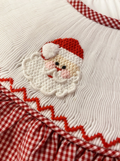 Santa Smocked Long Sleeve Bishop Dress – Girls Holiday Gingham Christmas Dress