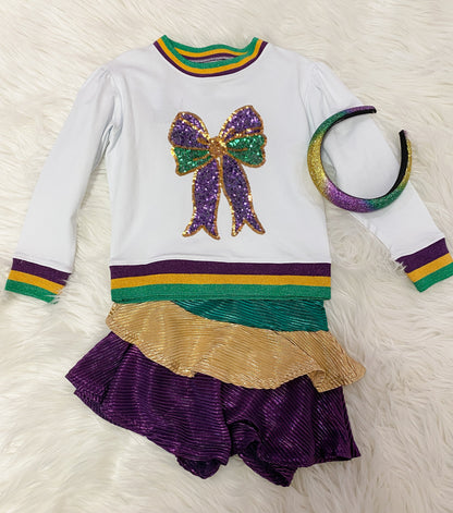 Sequin Bow white long sleeve shirt Mardi Gras