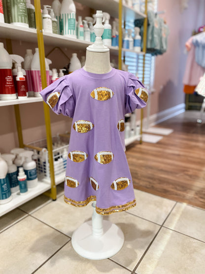 Purple Sequin Football Dress – Girls Bubble Sleeve Game Day A-Line