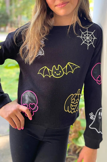 Spooky Appliqué Top-Glitter Halloween Long Sleeve