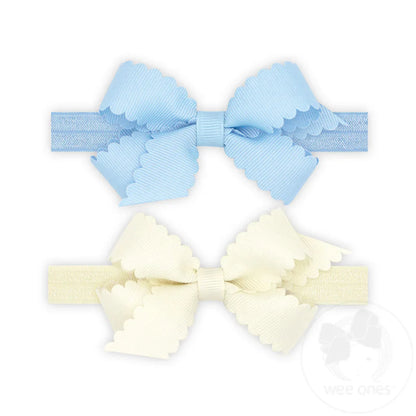 GIFT PACK! Two Mini Scallop Bows with Bands – Blue & Ivory