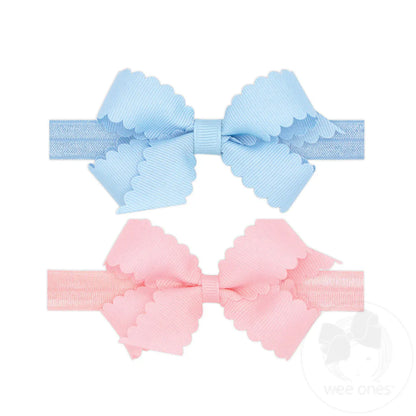 GIFT PACK! Two Mini Scallop Bows with Bands – Blue & Pink