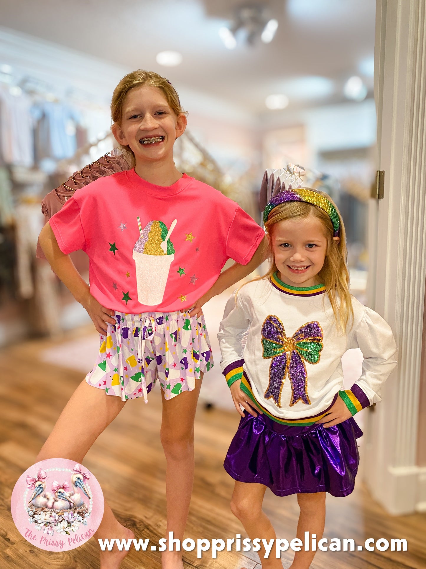 Sequin Bow white long sleeve shirt Mardi Gras