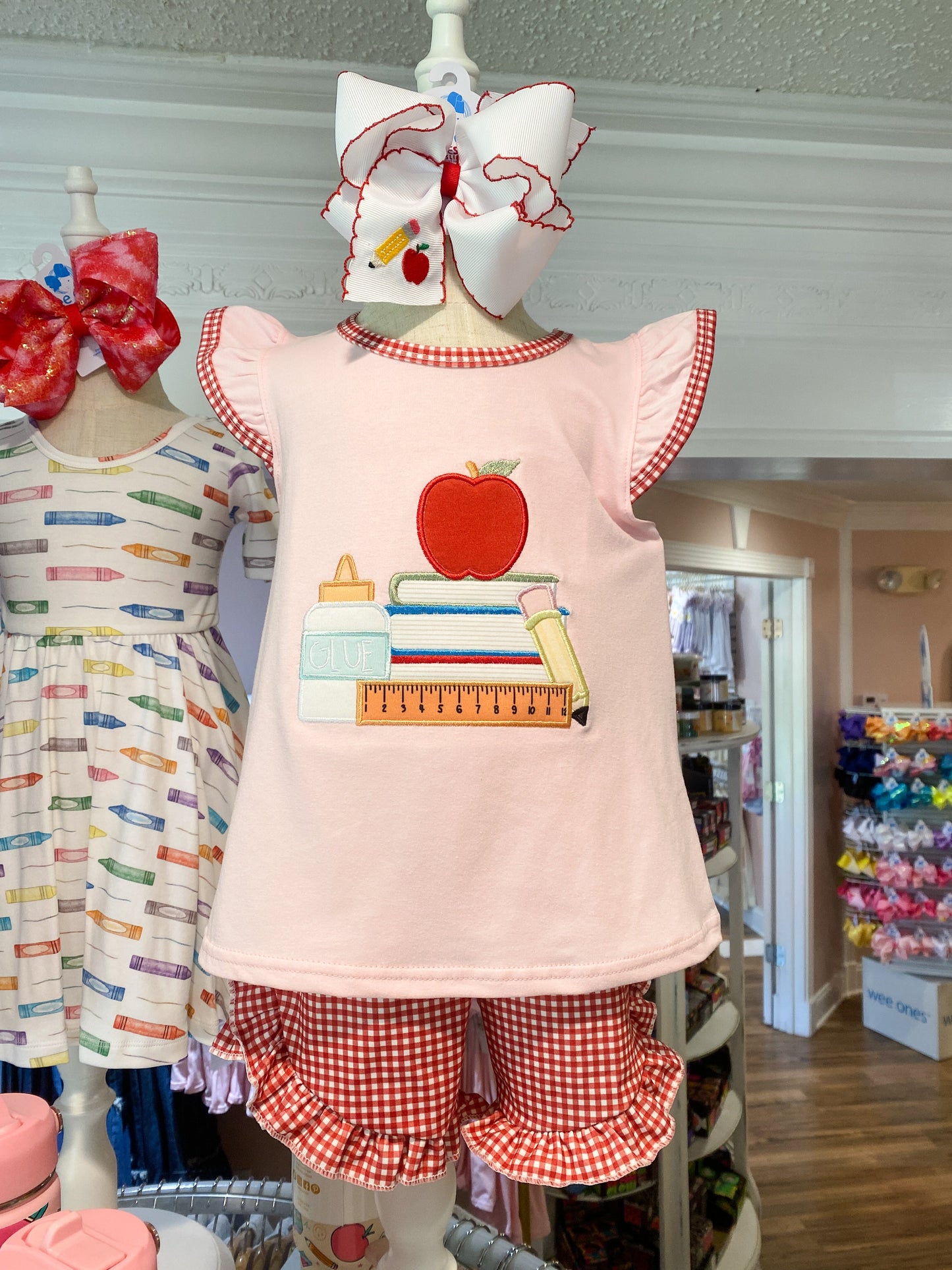 Pencil Embroidery Grosgrain Hair Bow with Red Moonstitch Edge