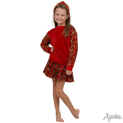 Sequin Sleeve Red Velvet Christmas Sweatshirt for Girls