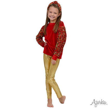 Sequin Sleeve Red Velvet Christmas Sweatshirt for Girls