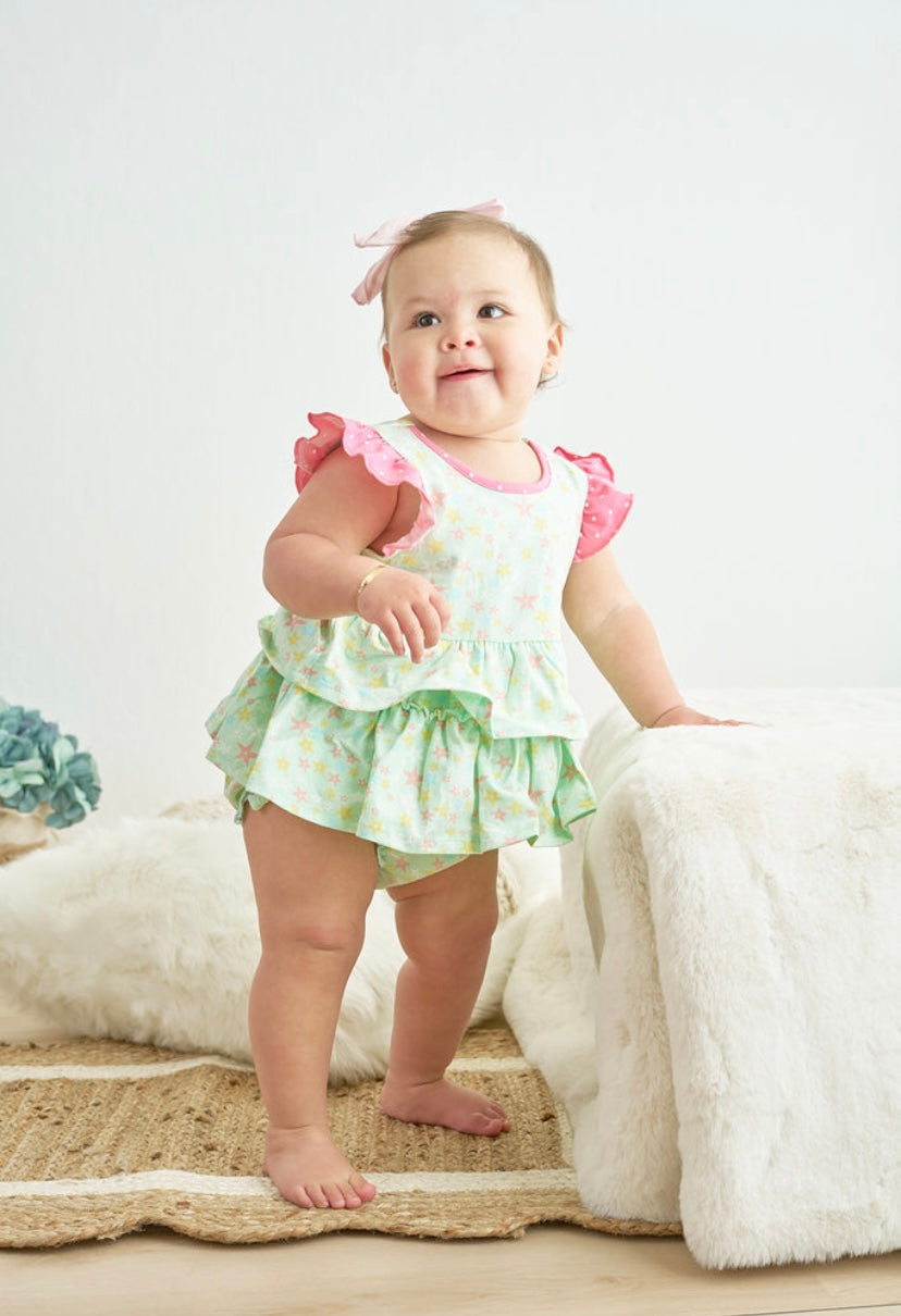 Platinum Star Print Bubble– Baby Girl Ruffle Outfit