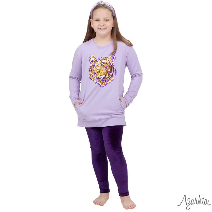 Lavender Tiger Sequin Tunic – Girls Long Sleeve Game Day Top
